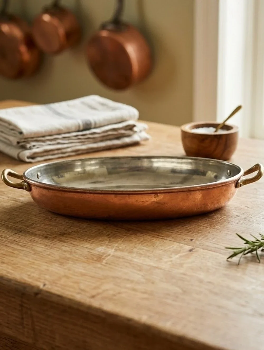 Vtg Benjamin & Medwin MCM French Copper Oval Au Gratin Saute Pan Brass Handles